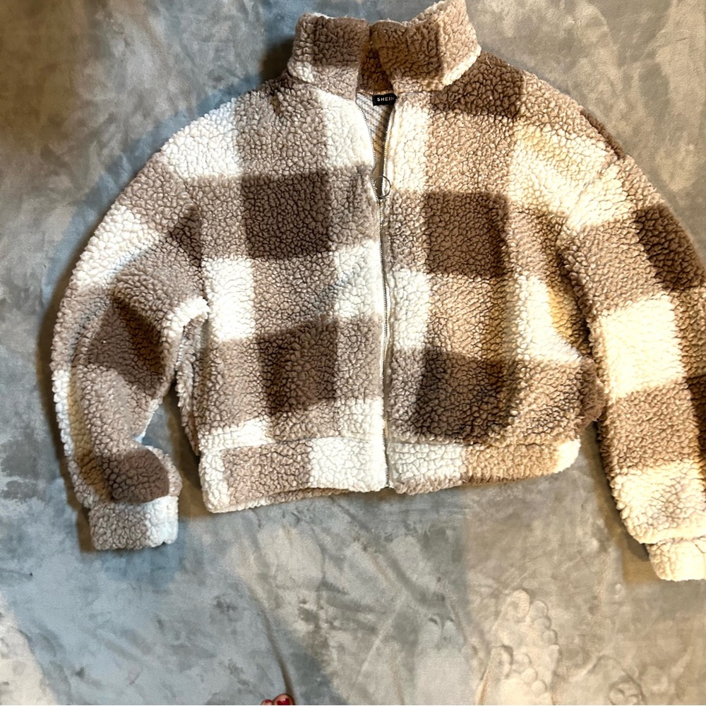 SHEIN Textured Sherpa Jacket in Brown and Cream